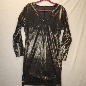 Love University Dress 1X Gold Sequin Shine Spandex Mirror Metallic Midi
